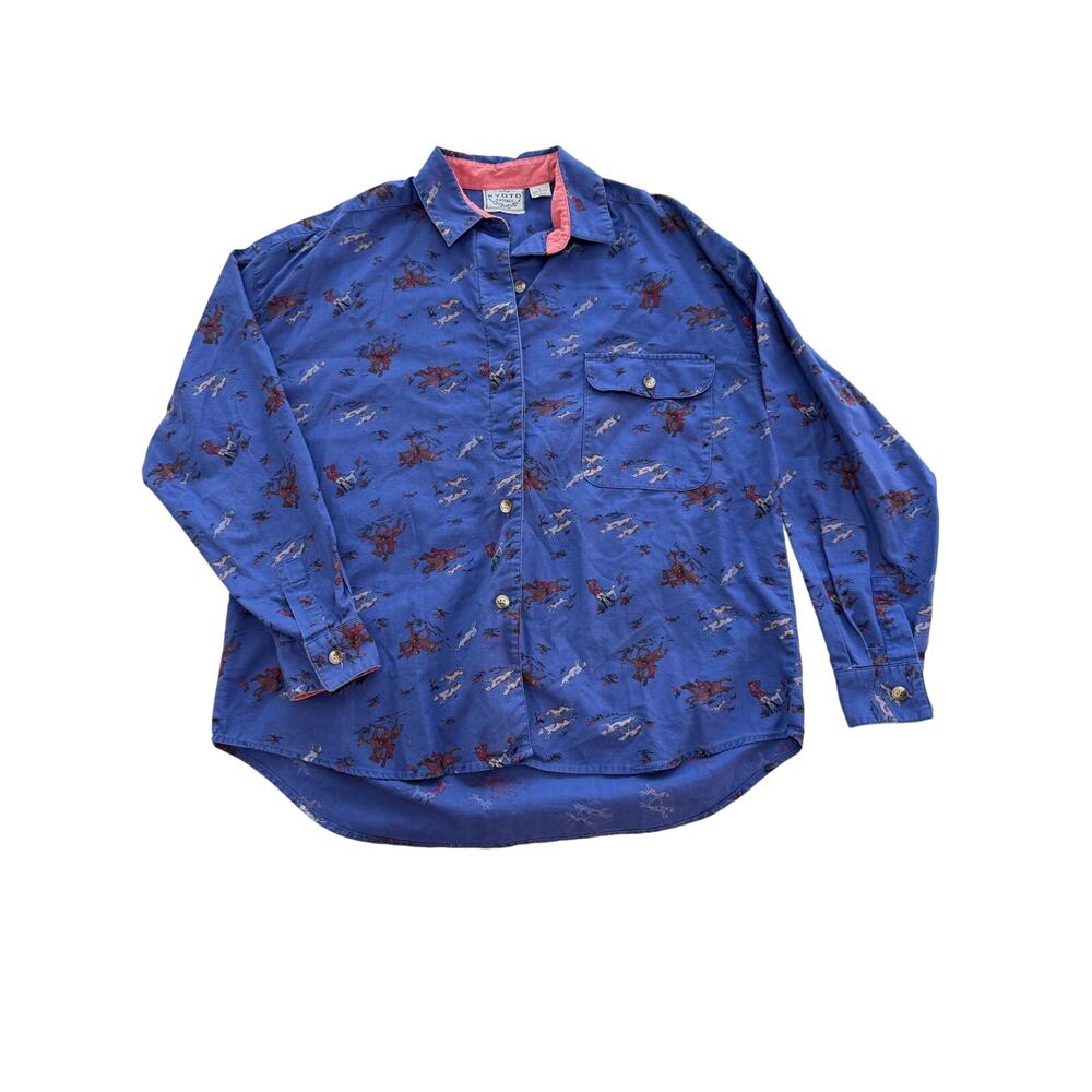 Kyoto Kasuals Vintage Equestrian Button Top Womens Large Horse Dog 3/4 Sleeve XC